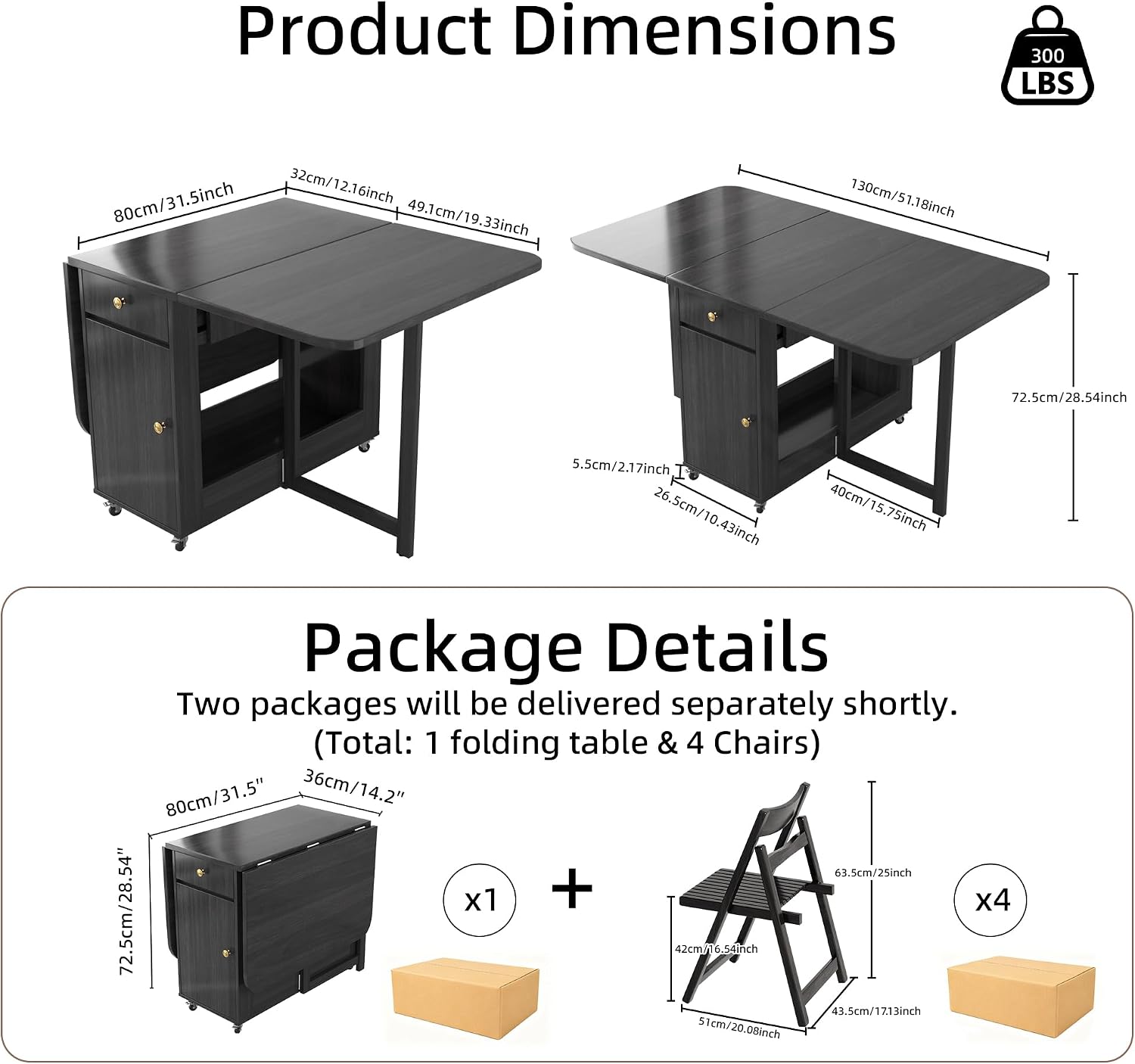 Folding Dining Table and Chairs - 51" Fully Assembled Drop Leaf Table 4-6 Seater with Storage and Lockable Wheels, Space-Saving Set with 4 Chairs for Kitchen or Dining Room (Black)