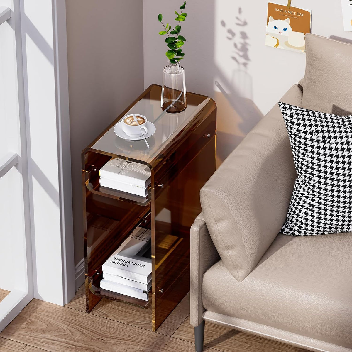 Clear Acrylic Side Table, Narrow Nightstand Bedside Table for Bedroom, Skinny Small End Table (Dark Brown, 8.7'' x 15.7'' x 21.7")