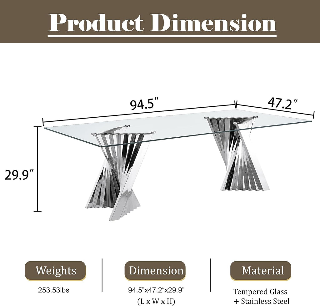 94" Glass Dining Table for 8-10, Large Luxury Kitchen Table with Tempered Glass Minimalist Tabletop and Silver Stainless Steel Pedestal for Dining Room (Table Only)