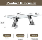 94" Glass Dining Table for 8-10, Large Luxury Kitchen Table with Tempered Glass Minimalist Tabletop and Silver Stainless Steel Pedestal for Dining Room (Table Only)