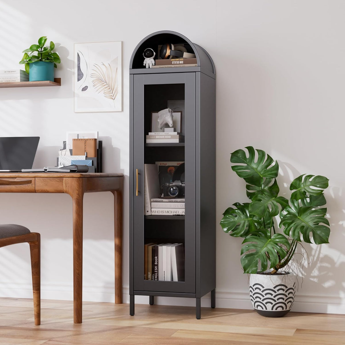 63" H Metal Arched Display Cabinet with 2 Adjustable Shelves, Arch Bookcase with 1 Glass Door for Dining Room, Living Room, Office, Bathroom, Assembly Required (Black)