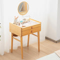 COSTWAY Bamboo Vanity Desk with Adjustable Round Mirror and 2 Drawers | Makeup Vanity Set w/ Tabletop Storage Compartment & Tempered Glass Tabletop, Small Bedroom Dressing Table for Adult Teens