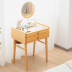 COSTWAY Bamboo Vanity Desk with Adjustable Round Mirror and 2 Drawers | Makeup Vanity Set w/ Tabletop Storage Compartment & Tempered Glass Tabletop, Small Bedroom Dressing Table for Adult Teens