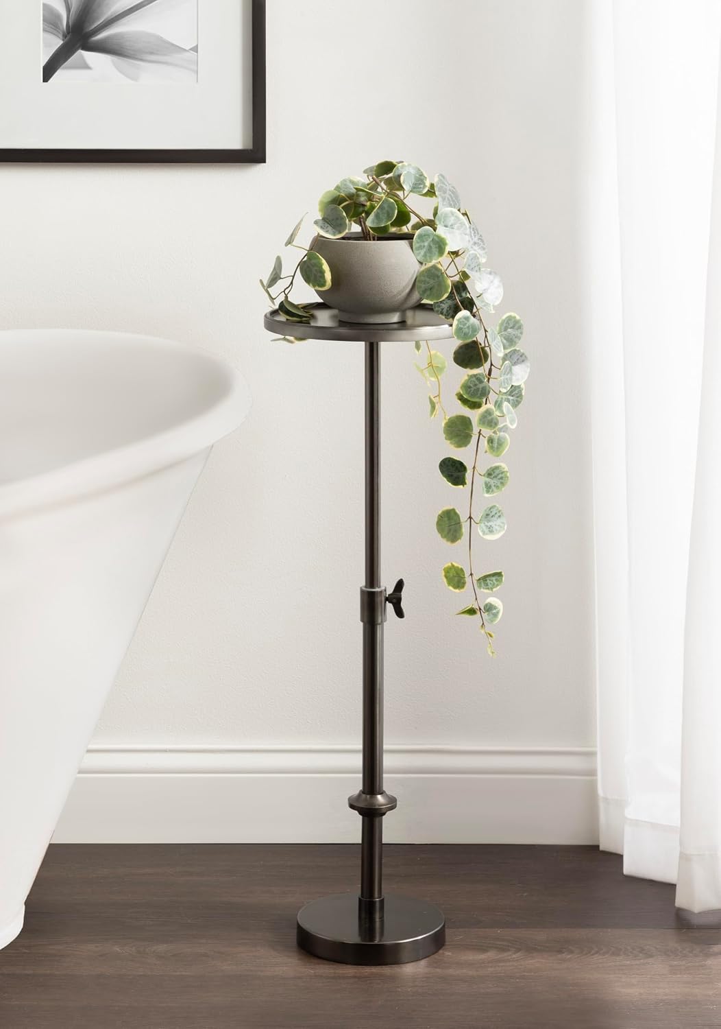 Kate and Laurel Engles Traditional Adjustable-Height Pedestal Drink Table, 10 x 10 x 30, Polished Gunmetal, Vintage Round Living Room Pedestal Table for Indoor Plant Stand with Protective Tabletop Lip