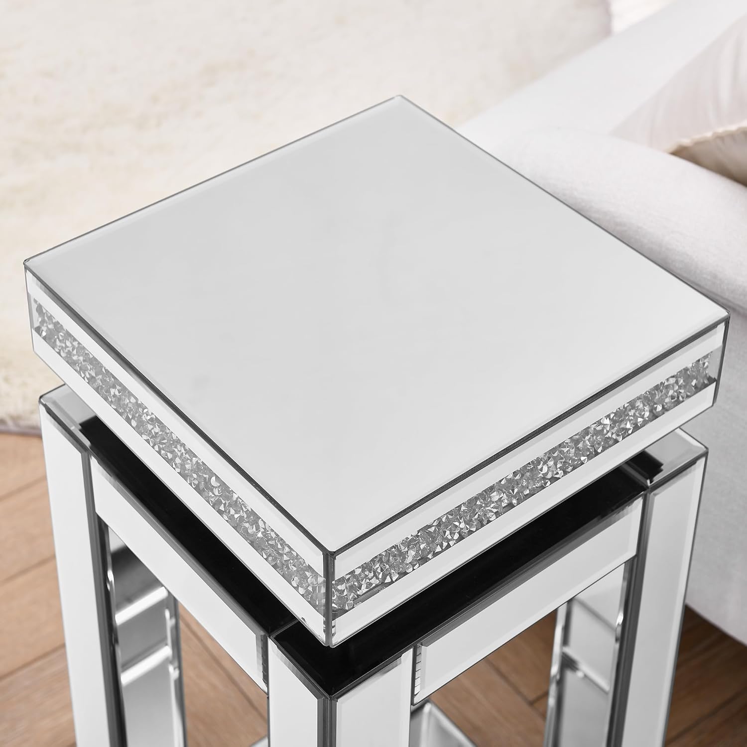 Mirrored End Table Modern 2 Layer 11.8inch Glass Sofa Side Table with Crystal Inlay Square Glass Top, for Living Room, Bedroom and Small Spaces, Silver (1, Square)