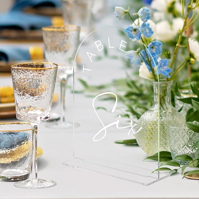 JINMURY Clear Arch Wedding Table Numbers 1-10 with Stands, 5x7 Inch Acrylic Arch Sign with White Lettering, Clear Acrylic Table Numbers for Wedding Reception