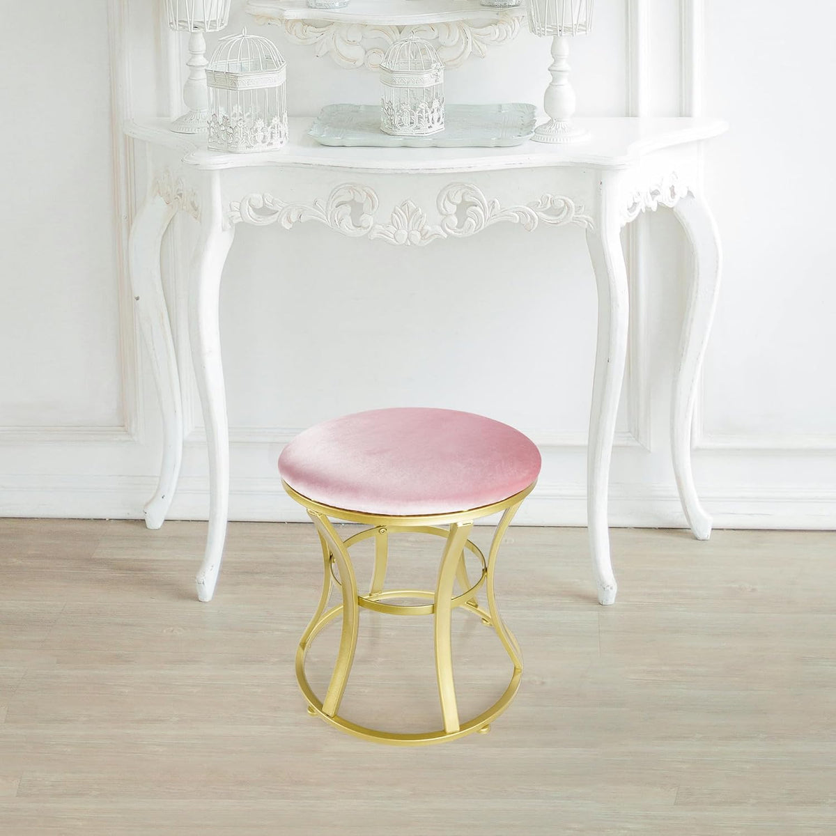Vanity Chair, Small Velvet Vanity Stool & Ottoman Bench for Bathroom, Dorm | Foot rest Stools Pink Round Seat with Golden Metal Legs for Makeup Room, Entryway, Offices, Living Room, Dressing Table