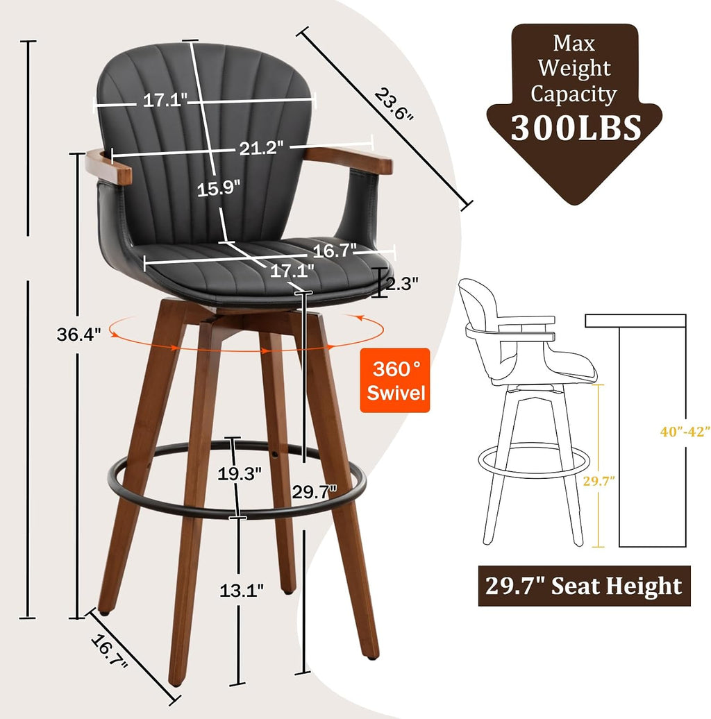 LUNLING 30” Bar Height Stools,Mid Century Modern Bar Stools,Black PU Leather Kitchen Island Stool,Wood High Barstools Swivel with Back and Arms for Home Bar Furniture,1PCS
