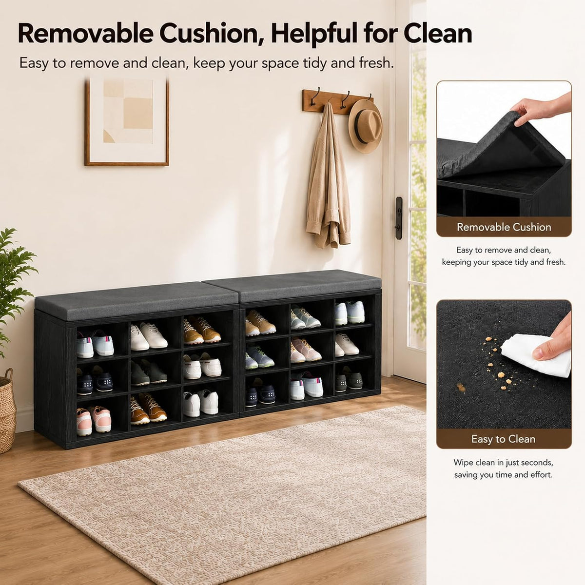 AMONIDA Shoe Storage Bench with Cushion, Entryway Bench with Shoe Storage,18 Cubby Shoe Bench with Removable Dividers, Shoe Organizer Bench for Entryway, Living Room, Light Grey (18, Black)