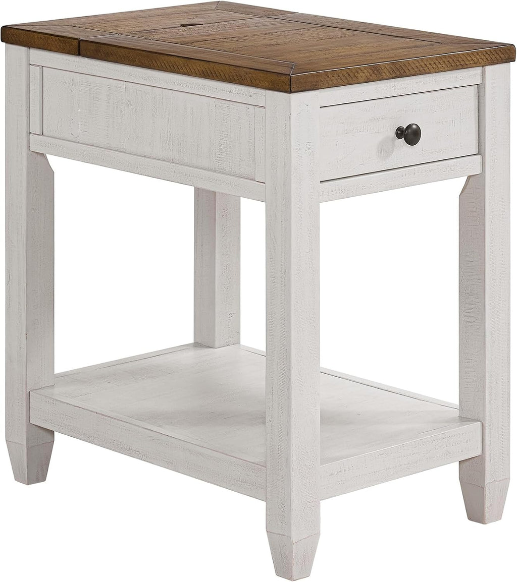 Martin Svensson Home Napa Farmhouse Chairside End Table with Charging Station, Solid Wood Narrow Side Table with Drawer & Shelf, Rustic Accent Table for Living Room or Bedroom. White and Natural.