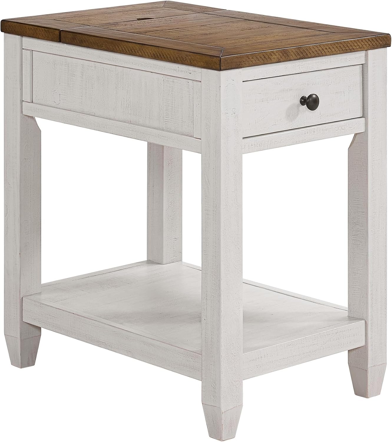Martin Svensson Home Napa Farmhouse Chairside End Table with Charging Station, Solid Wood Narrow Side Table with Drawer & Shelf, Rustic Accent Table for Living Room or Bedroom. White and Natural.