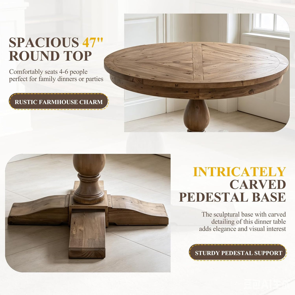 47" Round Dining Table with Wooden Pedestal Base, Antique Pine Wood Dinner Table for 4, Heavy Duty Pedestal Table for Kitchen/Dining Room/Living Room/Restaurant, Walnut
