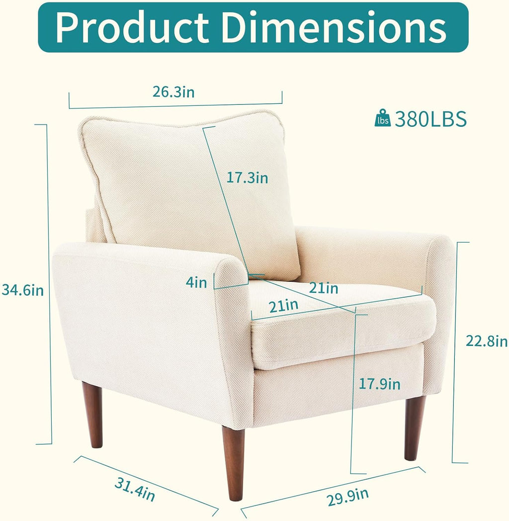 OLIXIS Comfy Accent Chair for Living Room Bedroom and Waiting Room | Upholstered Mid-Century Reading Chair with Pillow and Solid Wood Legs, Wide Singe Modern Lounge Sofa, Cream Beige