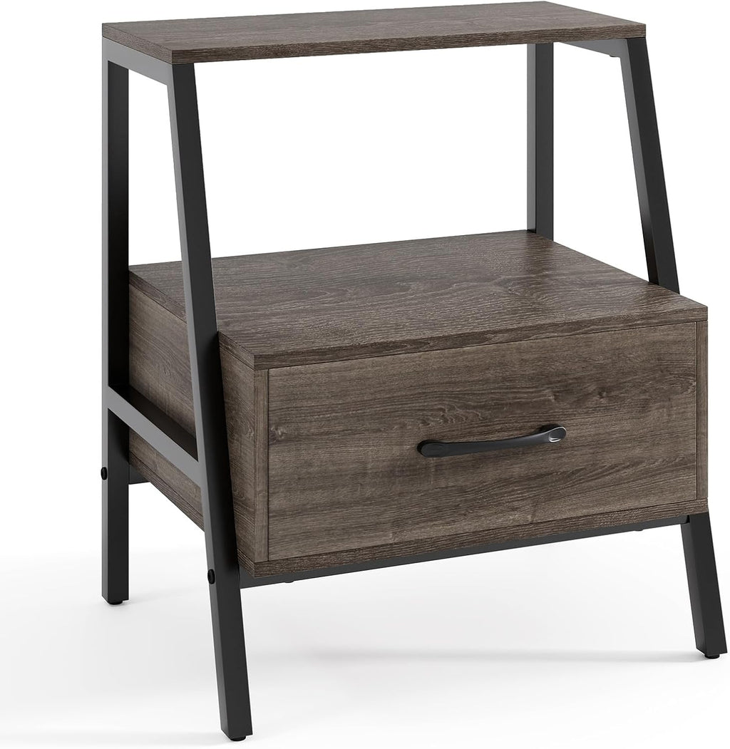 Giantex Farmhouse Nightstand with Drawer and Open Shelf, 2-Tier Bedside Table with Metal Frame, Stable End Table for Bedroom or Living Room, Rustic Gray
