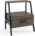 Giantex Farmhouse Nightstand with Drawer and Open Shelf, 2-Tier Bedside Table with Metal Frame, Stable End Table for Bedroom or Living Room, Rustic Gray
