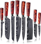 SENKEN 8-piece Japanese Kitchen Knife Set with Red Resin Handle and Laser Damascus Pattern - Crimson Collection - Chef's Knife, Santoku Knife, Paring Knife, & More - Ultra Sharp for Very Fast Cutting