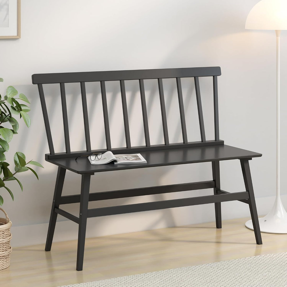 Wisuce Bamboo Dining Bench, Entryway Bench with Spindle Back (Black) | Bamboo & H-Shaped Support, Ergonomic Tilted Spindle Back, Multi-Scene Use, Easy Assembly & Maintenance
