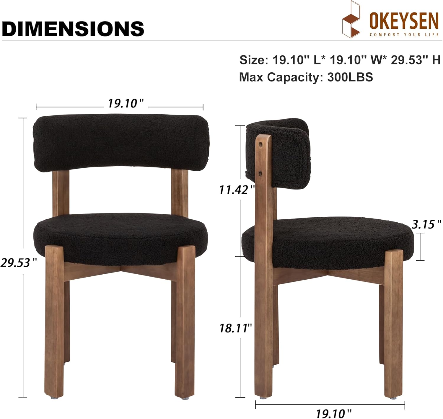 Okeysen Modern Dining Chairs Set of 4, Round Upholstered Armless Kitchen Chairs with Wood Legs Adjustable Foot, Mid Century Boucle Dining Chairs for Dining Room(Black)