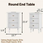 Mirightone Round End Table with Charging Station, Wood Side Table with Storage for Small Spaces, White Nightstand with 3 Drawers, Couch Side Cabinet Bedside Table for Living Room/Bedroom/Corner