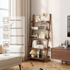 AQIMUELE Walnut Wooden Ladder Shelf with Edges, 5-Tier Modern Leaning Bookshelf Ladder – Stylish Space-Saving Bookcase for Living Room, Bedroom & Home Office