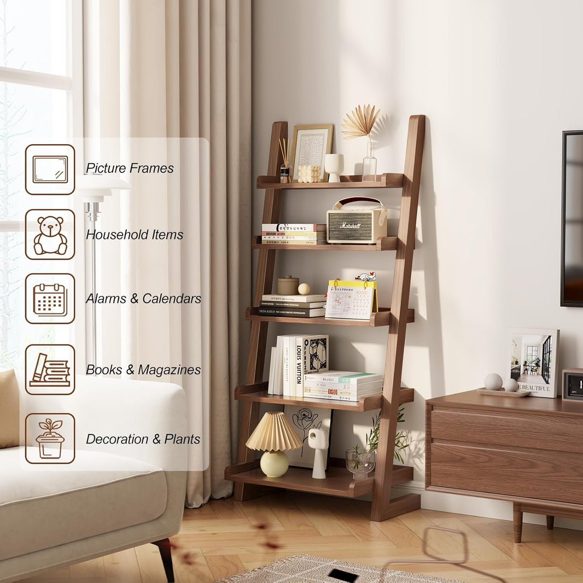 AQIMUELE Walnut Wooden Ladder Shelf with Edges, 5-Tier Modern Leaning Bookshelf Ladder – Stylish Space-Saving Bookcase for Living Room, Bedroom & Home Office
