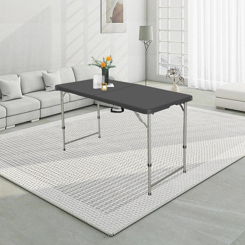 SKONYON 4 Foot Folding Table Heavy Duty Portable Fold-in-Half Plastic Utility Table Small Indoor Outdoor Adjustable Height Card Table with Carrying Handle, Camping and Party, Black