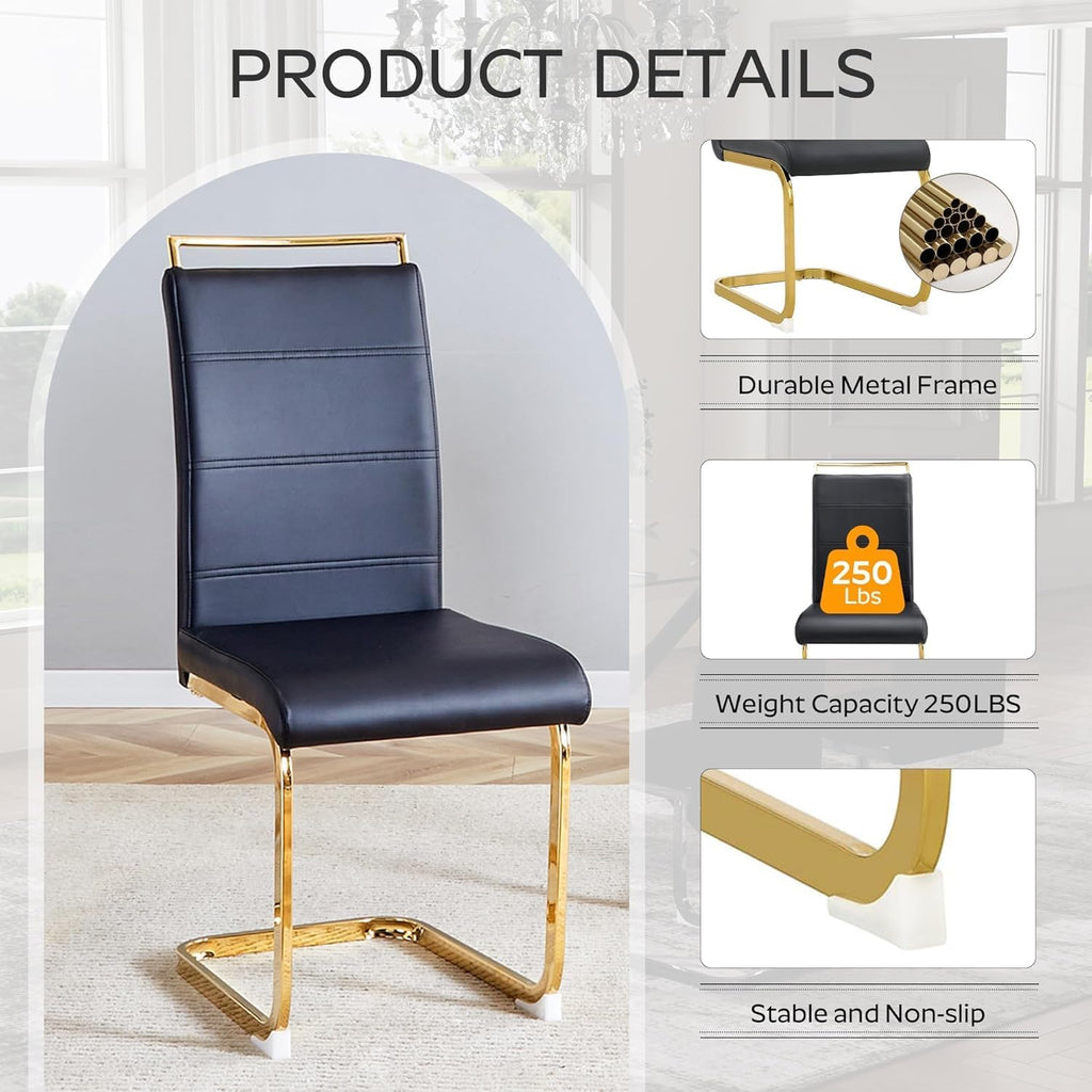Dining Chairs Set 4, Armless Black Kitchen Chairs,Waterproof Faux Leather Dinner Chairs with Upholstered Seat,Armless Side Chairs with Gold Metal Frame for Kitchen Dining Room