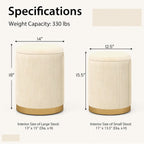 GIANTEX Ottoman with Storage, 1 Large & 1 Small Nesting Ottoman Side Table | Set of 2 Storage Ottomans, Upholstered Velvet/Linen Round Foot Rest Vanity Stool for Bedroom Living Room, Beige & Golden