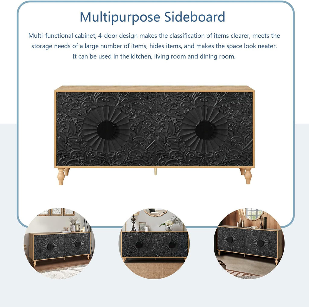 63" Sideboard Buffet Credenzas for Living Room, Black+Natural Entryway Table with Storage Accent Cabinet, Carved Flowers Doors & Wire Holes