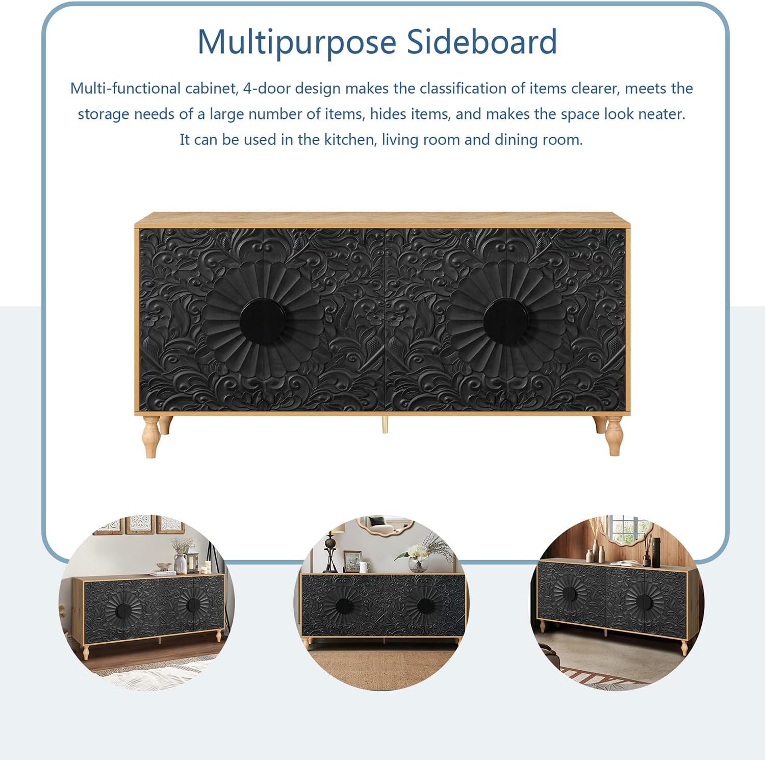 63" Sideboard Buffet Credenzas for Living Room, Black+Natural Entryway Table with Storage Accent Cabinet, Carved Flowers Doors & Wire Holes