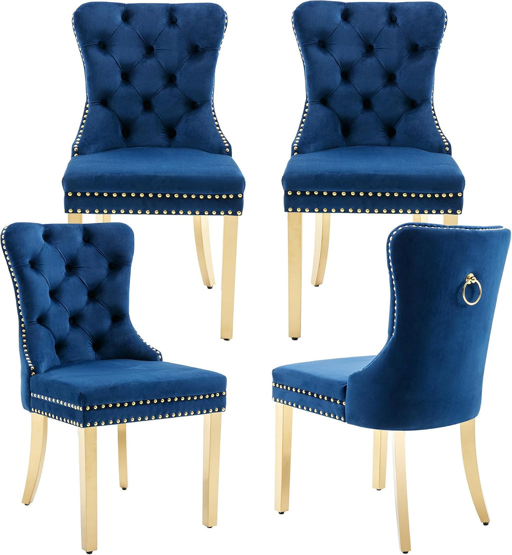 civama Dining Room Chairs Set of 4, Velvet Nikki Collection Dining Chair Upholstered Modern Tufted Kitchen Chair with Nailhead Back Pull Ring Golden Steel Legs, Blue