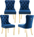 civama Dining Room Chairs Set of 4, Velvet Nikki Collection Dining Chair Upholstered Modern Tufted Kitchen Chair with Nailhead Back Pull Ring Golden Steel Legs, Blue
