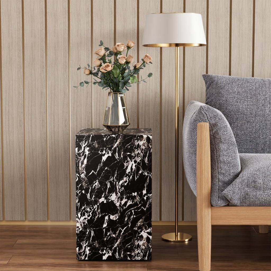 Modern Marble Side Table, 20" Small Square End Table for Living Room, Bedroom, Exhibition Hall, Suitable for Displaying Vases, Statues, Table Lamps, etc. (MAXCAP: 90 Lbs) Napoleon Black