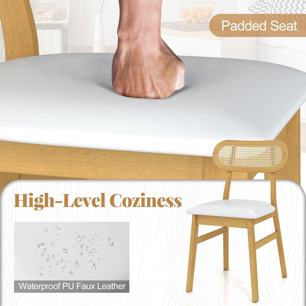 GOFLAME Wooden Dining Chairs Set of 4, Mid-Century Modern Kitchen Chairs with Upholstered Seat & Rattan Backrest, Faux Leather Cover, Armless Side Chairs for Dining Room, Restaurant, White