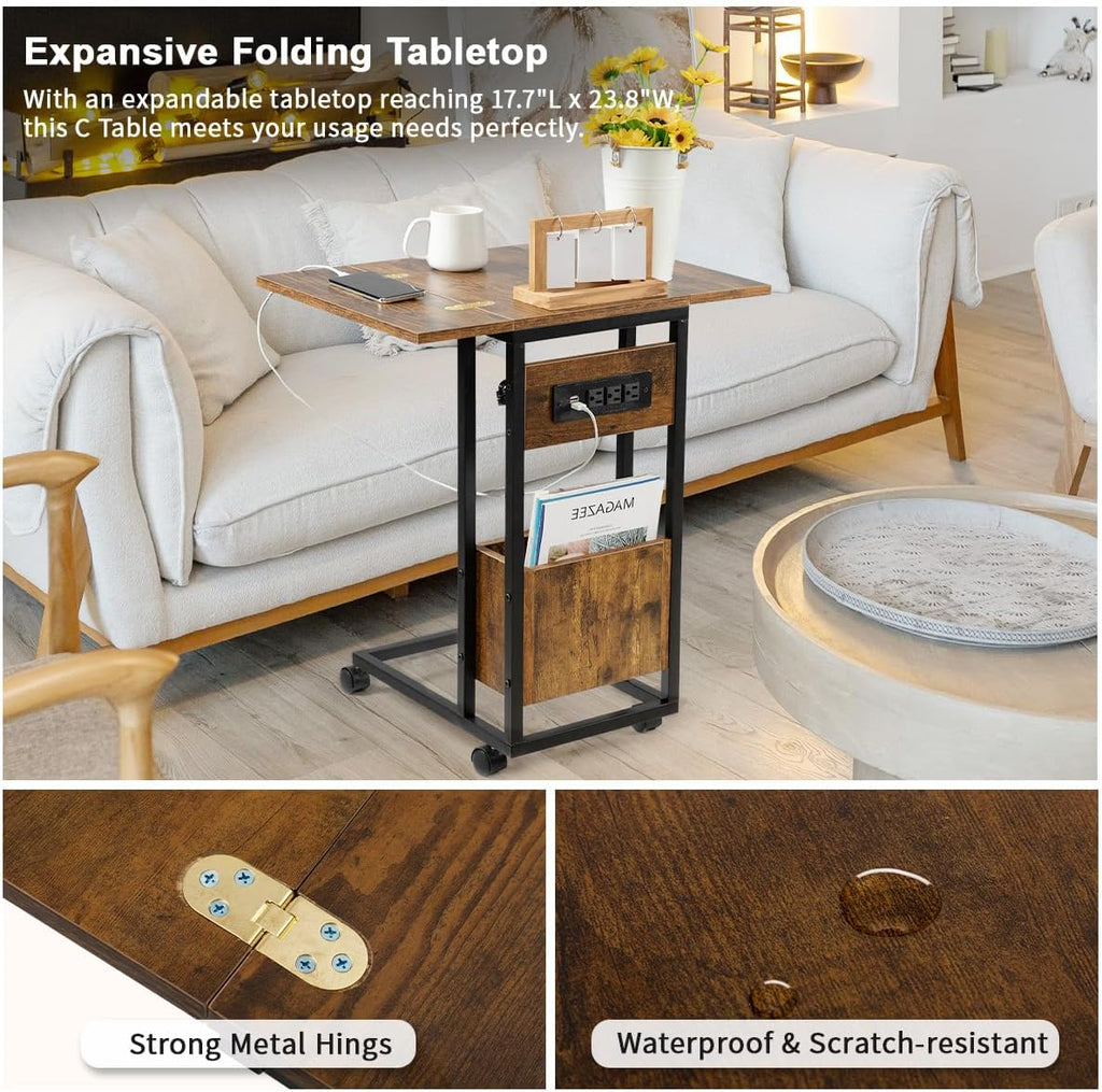 Hadulcet C Shaped End Table with Charging Station & Foldable Tabletop, Folding TV Tray Table with Storage, Laptop Table for Couch, C Table for Sofa, Living Room Bedroom Small Spaces, Rustic Brown
