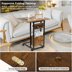 Hadulcet C Shaped End Table with Charging Station & Foldable Tabletop, Folding TV Tray Table with Storage, Laptop Table for Couch, C Table for Sofa, Living Room Bedroom Small Spaces, Rustic Brown
