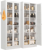 IKIMI 72" Metal Storage Cabinets with Glass Doors and 5 Shelves,White Kitchen Pantry Cabinet,Freestanding Steel Cupboard Display Cabinets for Kitchen,Living,Dining Room,Bathroom,Assembly Required
