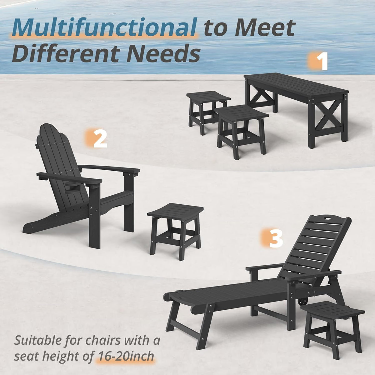 LUE BONA Outdoor Adirondack Ottomans, Footrest Footstool Set of 2, Outdoor Foot Rest for Patio, HDPS All Weather Waterproof Footrest Footstool for Adirondack Chair, Black