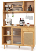 67" Tall Kitchen Pantry Storage Cabinet, Bamboo Hutch Cabinet with Microwave Shelf, Drawer, Tempered Glass/Rattan Doors, Wine Glass Holder, Freestanding Buffet Cupboard for Dining Room