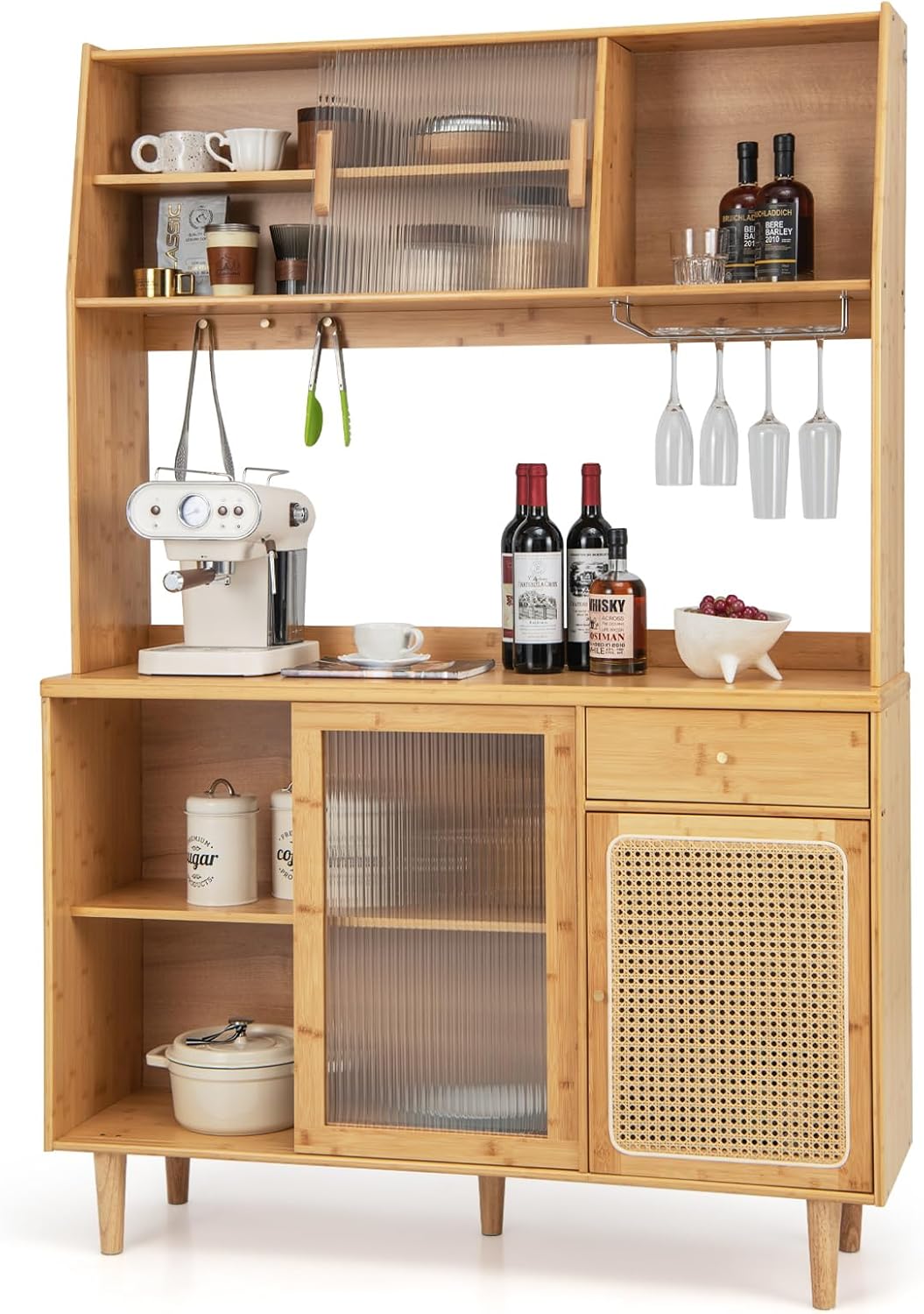67" Tall Kitchen Pantry Storage Cabinet, Bamboo Hutch Cabinet with Microwave Shelf, Drawer, Tempered Glass/Rattan Doors, Wine Glass Holder, Freestanding Buffet Cupboard for Dining Room