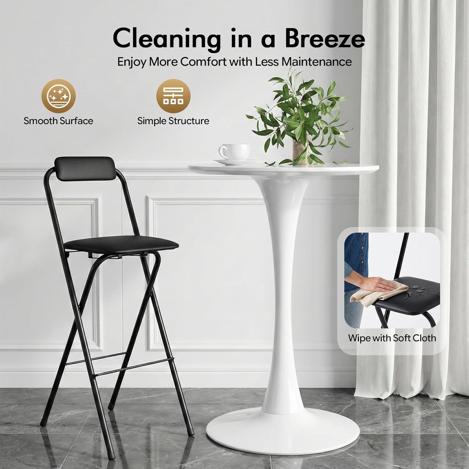 1 Pcs Folding Bar Stool with Backrest, 29.5 Inch Tall Foldable Stool Chair, Portable Space-Saving Counter Height Chair 275lbs Load Capacity for Kitchen Counter Home Dining, Black