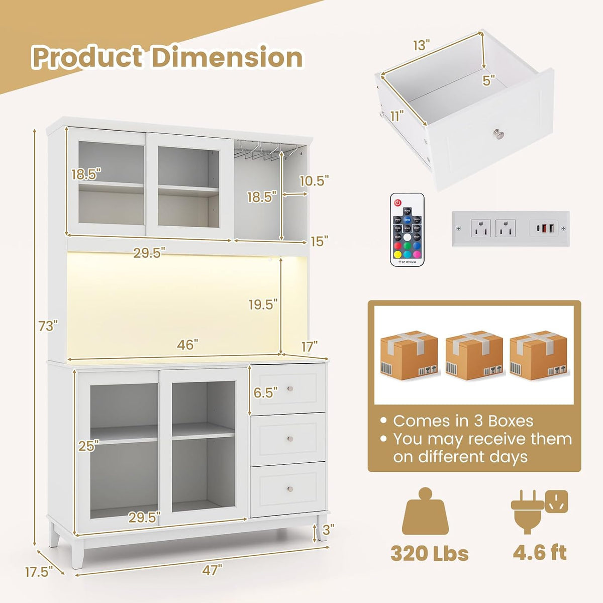 73” Kitchen Pantry Storage Cabinet w/Power Outlets & Led Lights | Tall Cupboard w/ Hutch, Wine Glass Racks, Adjustable Shelves, Drawers, Microwave Shelf for Dining Room (Espresso)