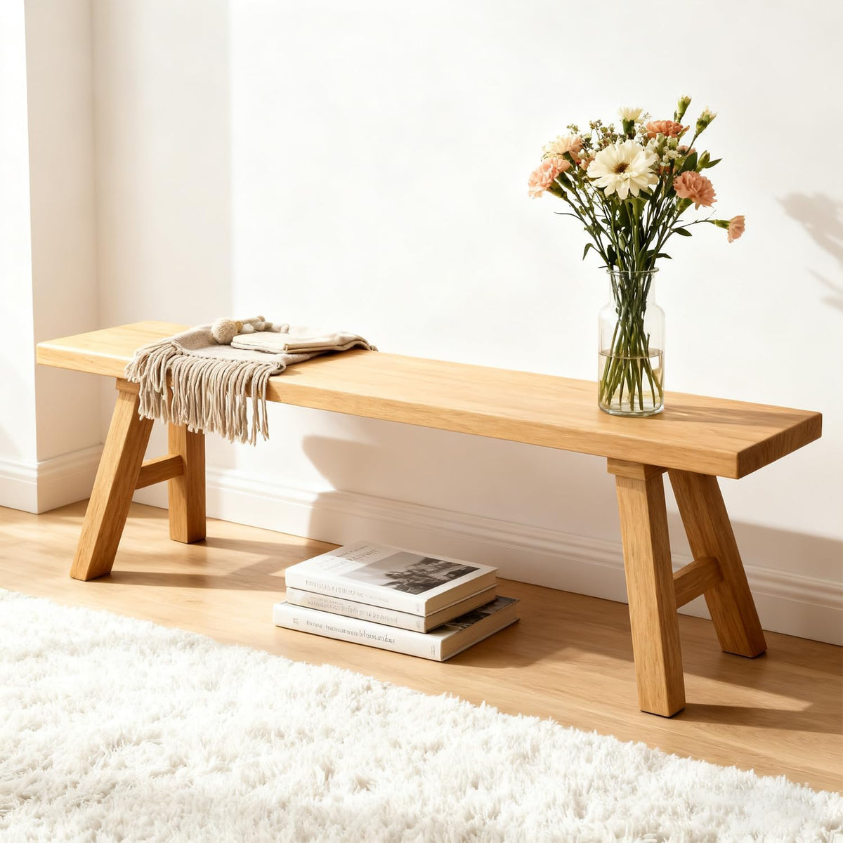 Solid Wood Entryway Bench - Rustic Elm Farmhouse Dining Bench for Hallway, Bedroom, Kitchen - 2-Person Seating, Natural Wood Finish