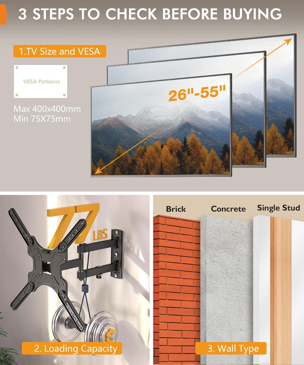 Full Motion Corner TV Wall Mount for 26-55 Inch TVs | TV Bracket with Tilt, Swivel and Articulating Arm. Fits Flat/Curved TVs, Single Stud Design, Max VESA 400x400mm, 77 lbs