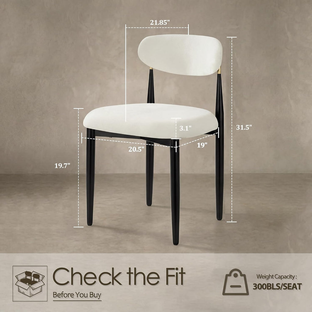 Morden Fort White Set of 2 Armless Upholstered Chenille Dining Chairs with Black Metal Legs and Gold Accent Back