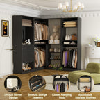 Unikito 86" Wood Modular Corner Closet System with Drawers & Mirror, Black | Freestanding wardrobe organizer with hanging rods and adjustable shelves, walk-in closet garment rack storage tower.