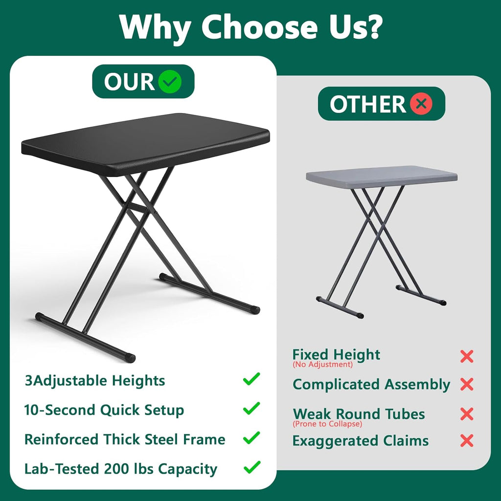 Folding Table 30 Inch - Small Desk Adjustable Height TV Tray for Laptop, Couch, Camping - Heavy Duty Utility Foldable Table for Small Spaces, No Assembly Required, Snowy Granite (Black)