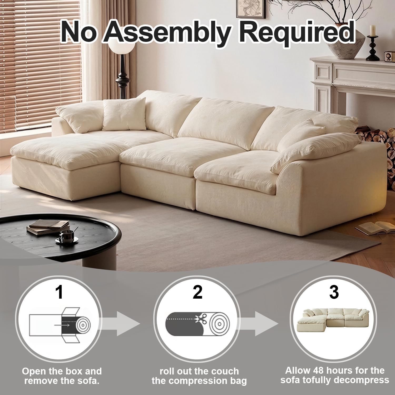 109" Cloud Couch Sectional for Living Room, Oversized Modular L Shaped Sofa with Ottoman, Deep Seat Chenille Sectional Couch, Convertible Sofa Bed for Ultimate Comfort(Lvory White)