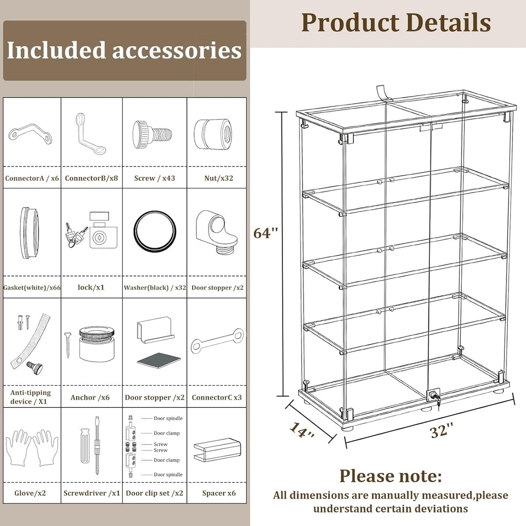 BEAUTYPEAK Tempered Glass Display Cabinet, Double Door, Black
