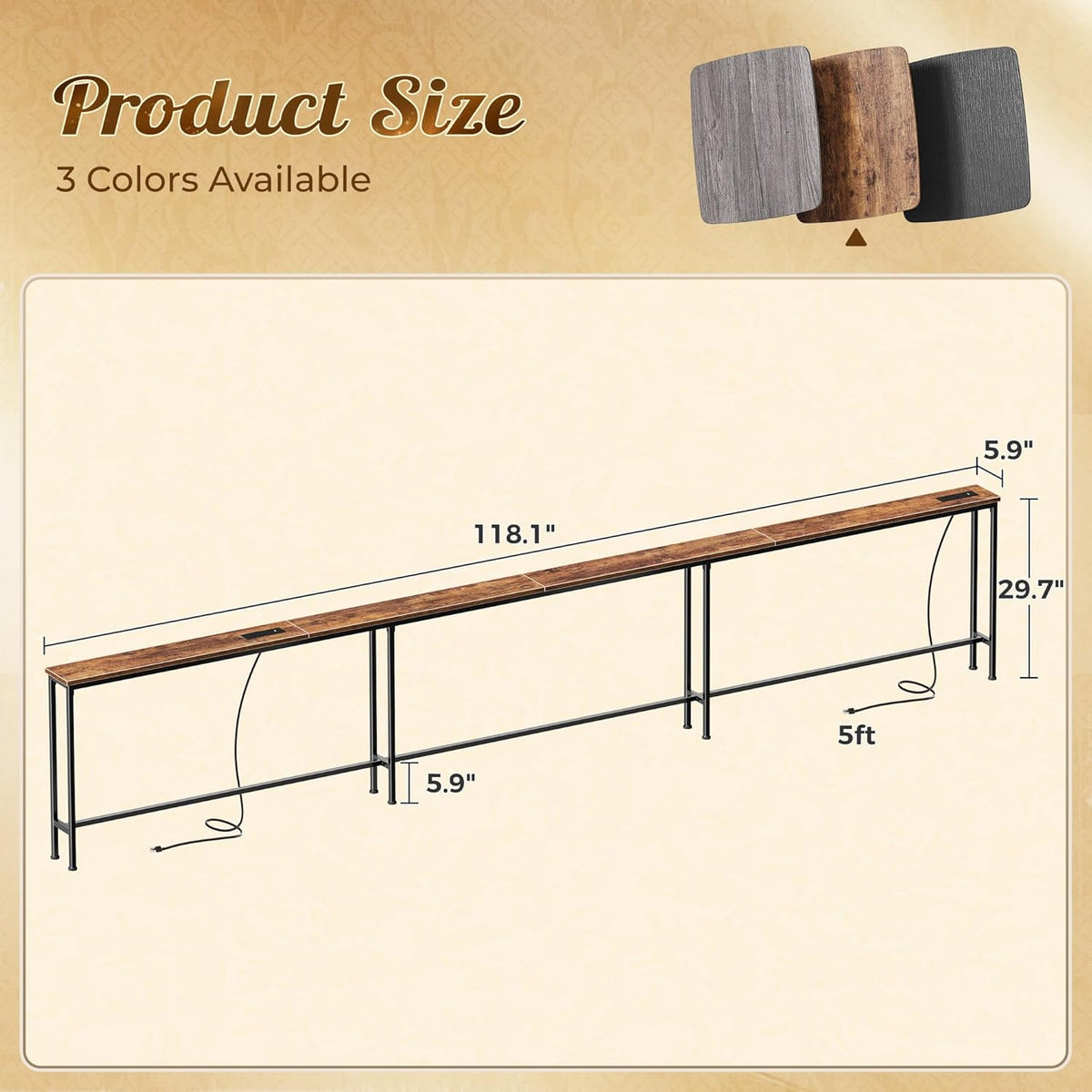 Huuger 118 Inch Sofa Table with Power Outlets, Skinny Behind Couch Table | 5.9 Inch Narrow Entryway Table, Extra-Long Console Table, Behind the Couch Table with Outlet for Living Room, Rusitc Brown